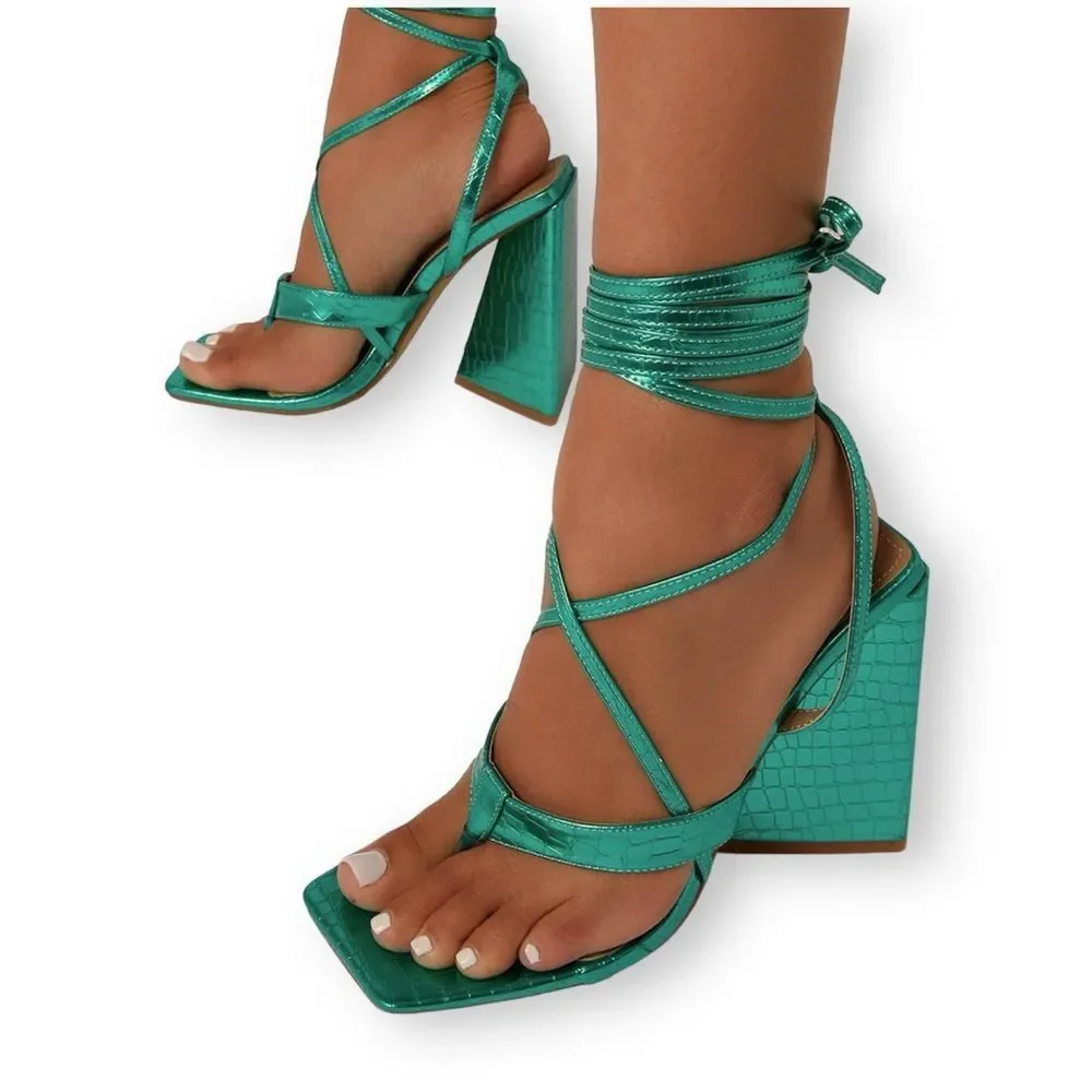 EGO Salma Teal Green Metallic Croc Pyramid Heel Tie Sandals Size 5